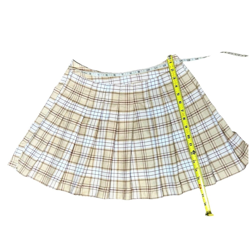 Beige Plaid Pleated Mini Skirt M Preppy Y2K Schoolgirl Aesthetic - Picture 3 of 7
